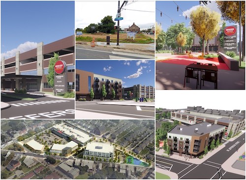 Pictured here is an image of Sharswood Commons prior to development, and artistic renderings of the Sharswood Ridge project at completion. The project will bring much needed affordable and workforce housing, a grocery store, an urgent care medical center, and more to Philadelphia's Sharswood neighborhood. Credit: Sharswood Partners, LLC.