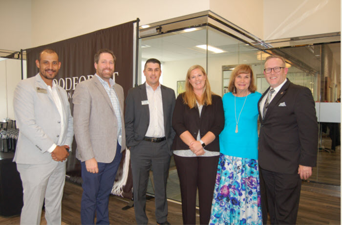 (From left):  Pictured from Woodforest National Bank are (Jose Acosta, Assistant VP, Market Manager); Jeremy Horton (Vice President); Josh Fowler, Assistant VP, Market Manager - Retail; Rebecca McDonald, VP, Regional Retail Manager; Linda O’Dell, Downtown Conroe Branch Manager; and Mike White, Divisional Manager, Sr. VP – Retail. (Photo by Liz Grimm)