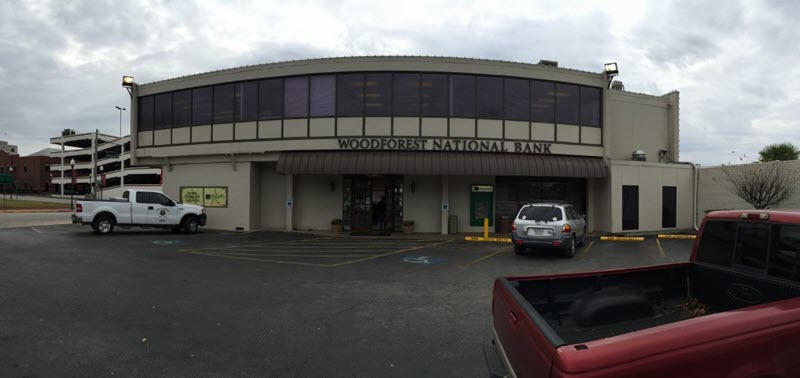 The original Woodforest National Bank branch in Downtown Conroe, prior to re-construction.