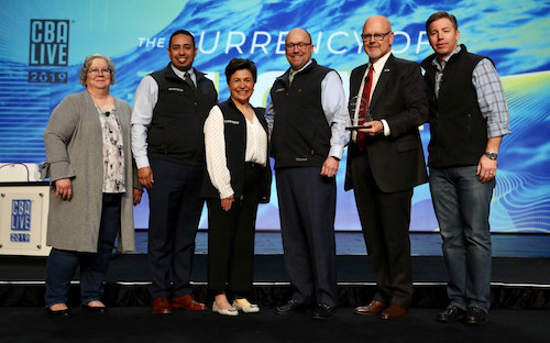Presentation of the 2019 Joe Belew Award to Woodforest National Bank. Pictured left to right: CBA Community Reinvestment Committee Chair, Sue Whitson with BMO Harris; Daniel Galindo, Julie Mayrant, Doug Schaeffer and Jay Dreibelbis all with Woodforest; and CBA Board Chair, Todd Barnhart with PNC.