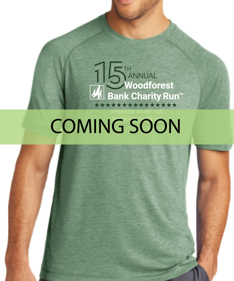 Charity Run Tech T-shirt. Charity Run 15th anniversary logo on top of a green camo background.
